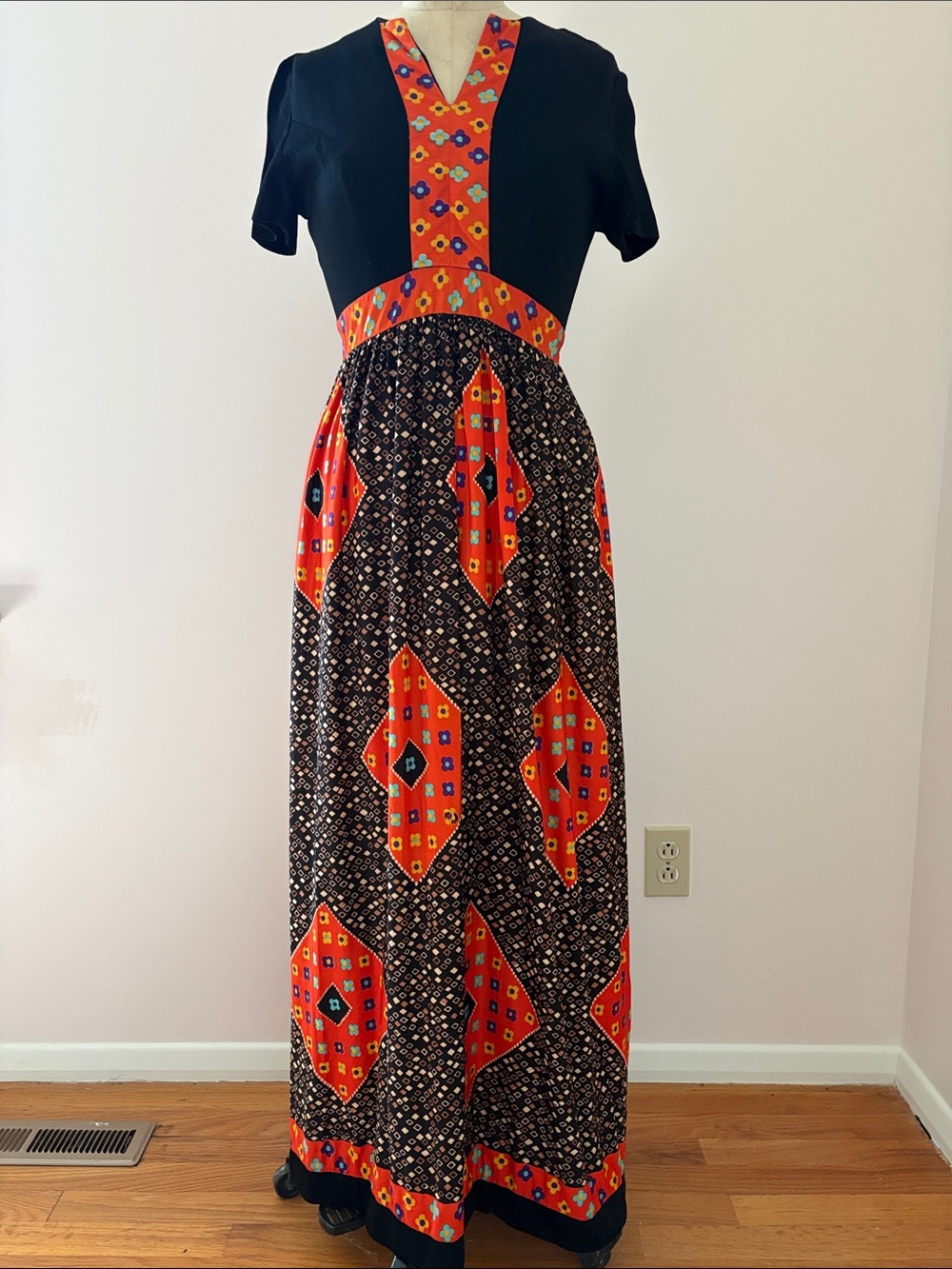 Vintage Black Domino 70s Maxi Dress with Orange Geometric Trim